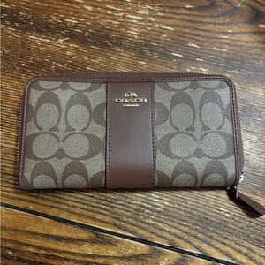 Coach Signature Brown and Tan Zip Wallet